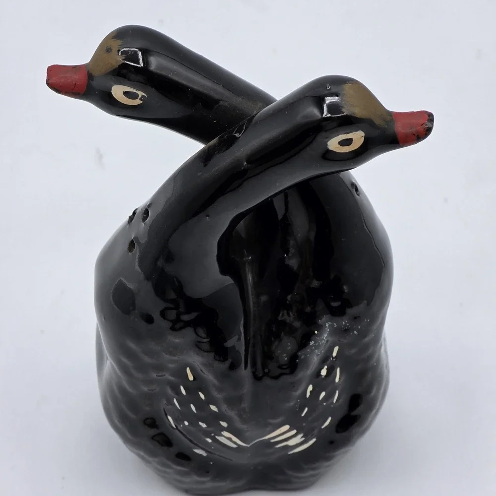 Black‎ Swan Double Salt Pepper Shaker Ceramic Figural Hand Painted with Corks